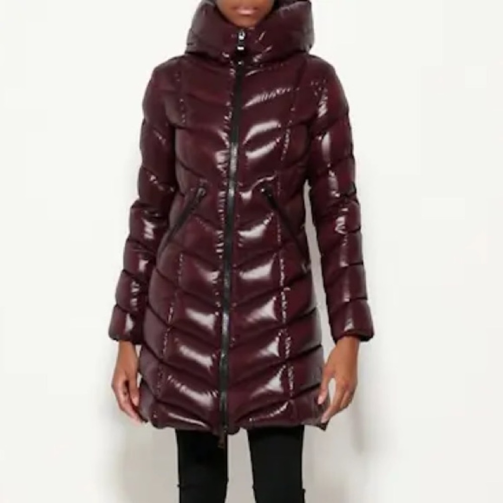MONCLER Marus Hooded Geometric-Quilted Long Down Jacket Burgundy Size 2